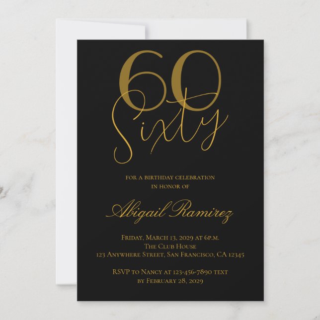 Invitación 60th Birthday Party Typography Photo Black & Gold (Anverso)