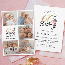 Invitación 60th Birthday Photo Collage Gold Script Typography