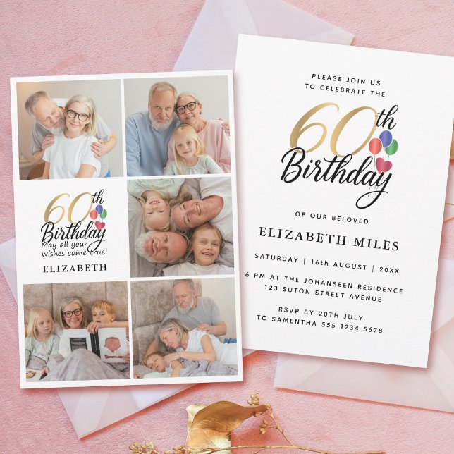 Invitación 60th Birthday Photo Collage Gold Script Typography (Subido por el creador)