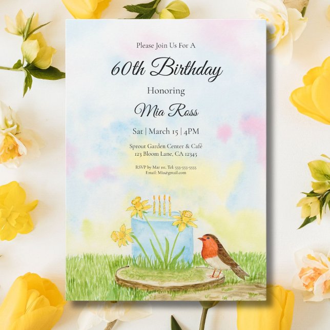 Invitación 60th Birthday Robin with Daffodil Cake (Subido por el creador)