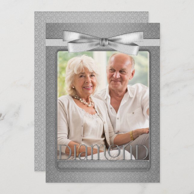 Invitación 60th Diamond Anniversary Damask Party with Photo (Anverso / Reverso)