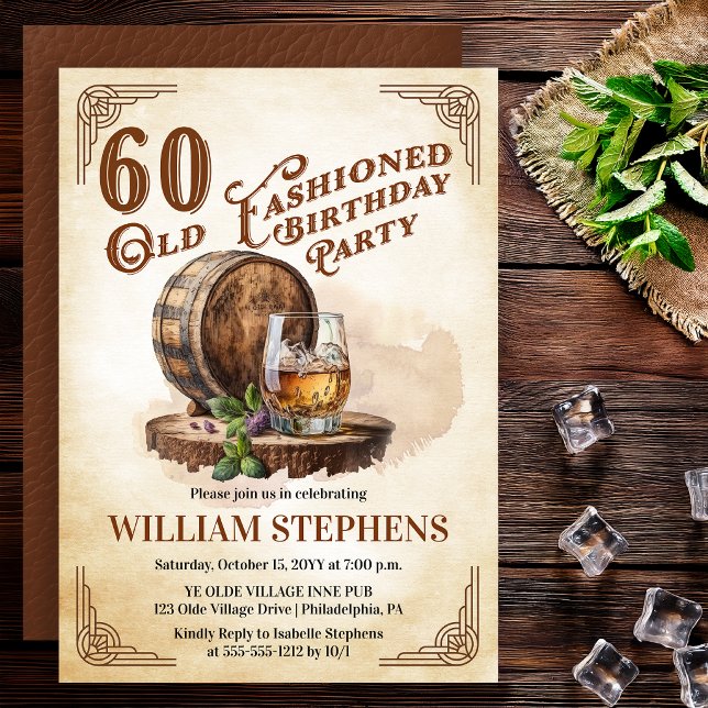Invitación 60th Old Fashioned Whiskey Barrel Birthday Party (Old Fashioned whiskey barrel 60th birthday invitation vintage masculine style)