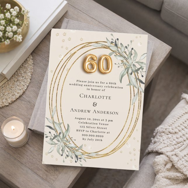 Invitación 60th wedding anniversary champagne greenery (Subido por el creador)