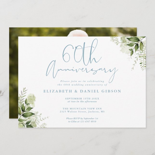 Invitación 60th Wedding Anniversary Greenery Floral Photo (Anverso / Reverso)