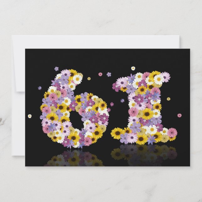 Invitación 61ª fiesta de cumpleaños, con letras con flores (Anverso)