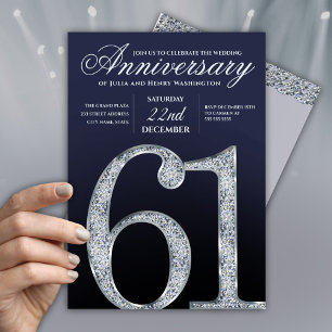 Invitación 61 Aniversario Diamante Plateado Azul Marino Moder