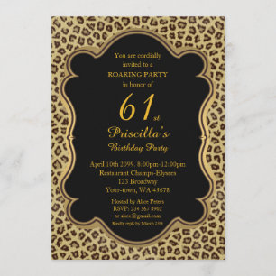 Invitación 61,Fiesta de cumpleaños 61,Cheetah, Negro y Oro