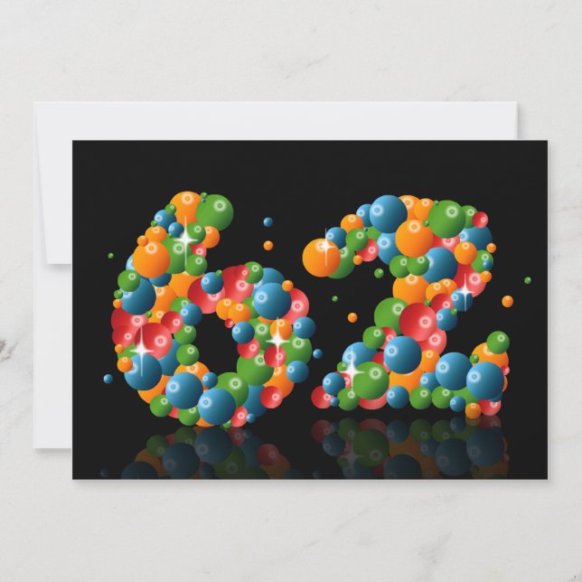 Invitación 62ª fiesta de cumpleaños, con burbujas y bolas (Anverso)