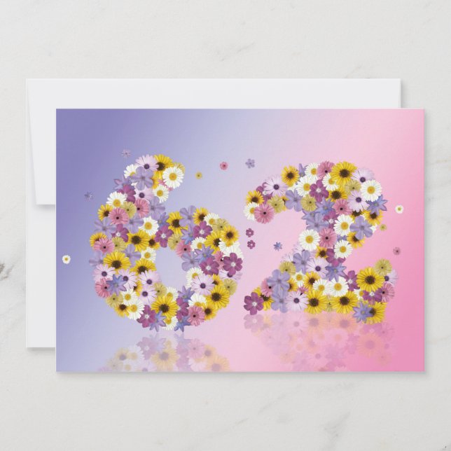 Invitación 62ª fiesta de cumpleaños, con letras con flores (Anverso)
