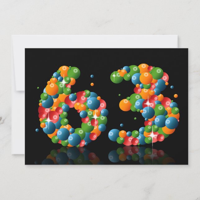 Invitación 63.ª fiesta de cumpleaños, con burbujas y bolas (Anverso)