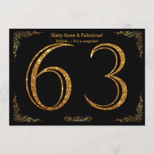 Invitación 63 cumpleaños, Gatsby styl, purpurina de oro negro