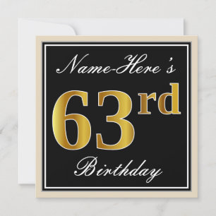 Invitación 63.o cumpleaños del oro elegante, negro, falso +