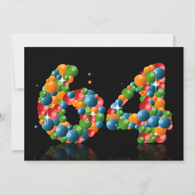 Invitación 64.ª fiesta de cumpleaños, con burbujas y bolas (Anverso)