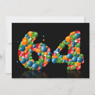 Invitación 64.ª fiesta de cumpleaños, con burbujas y bolas