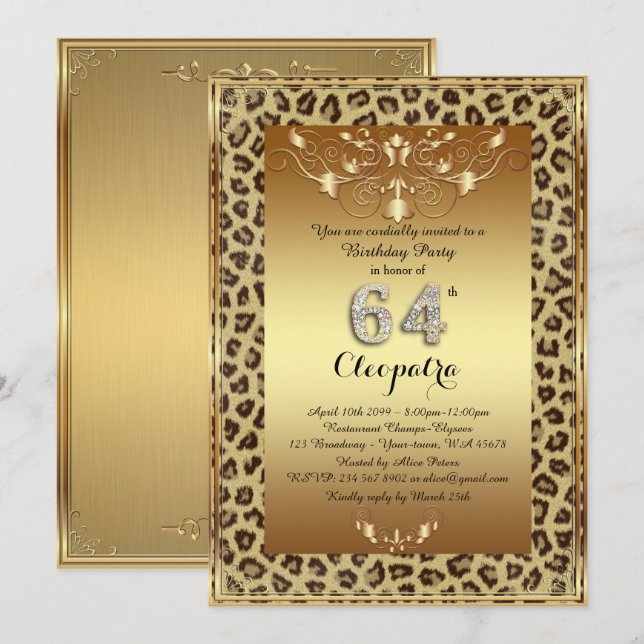 Invitación 64, Fiesta de cumpleaños 64, Oro Chita Real más (Anverso / Reverso)