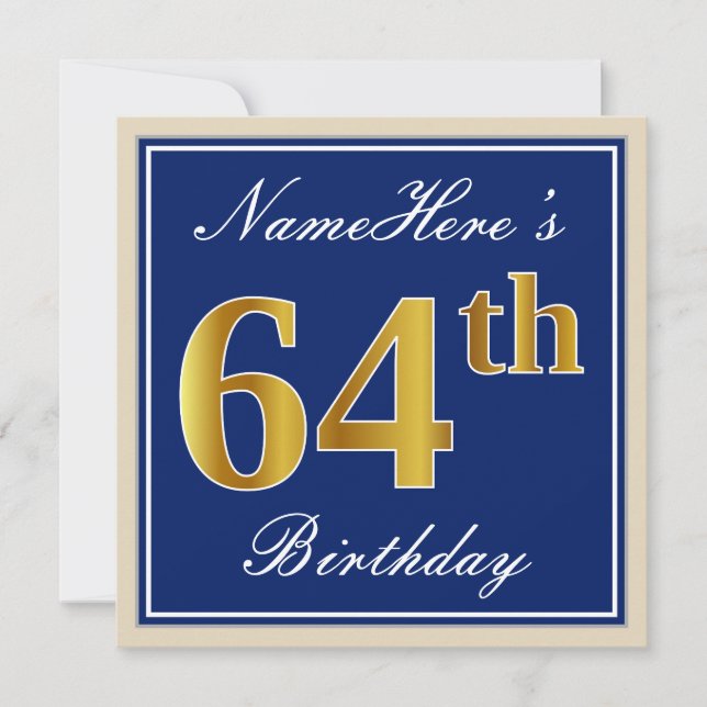 Invitación 64.o cumpleaños del oro elegante, azul, falso + (Anverso)