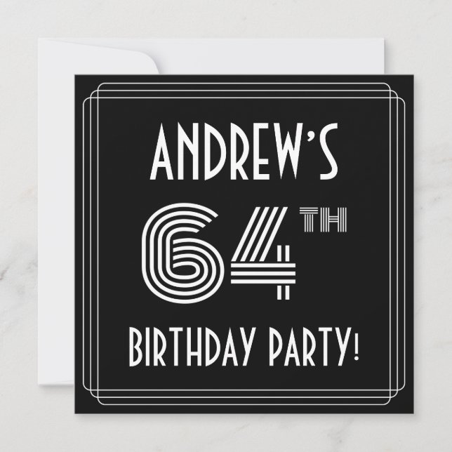 Invitación 64th Birthday Party: Art Deco Style w/ Custom Name (Anverso)