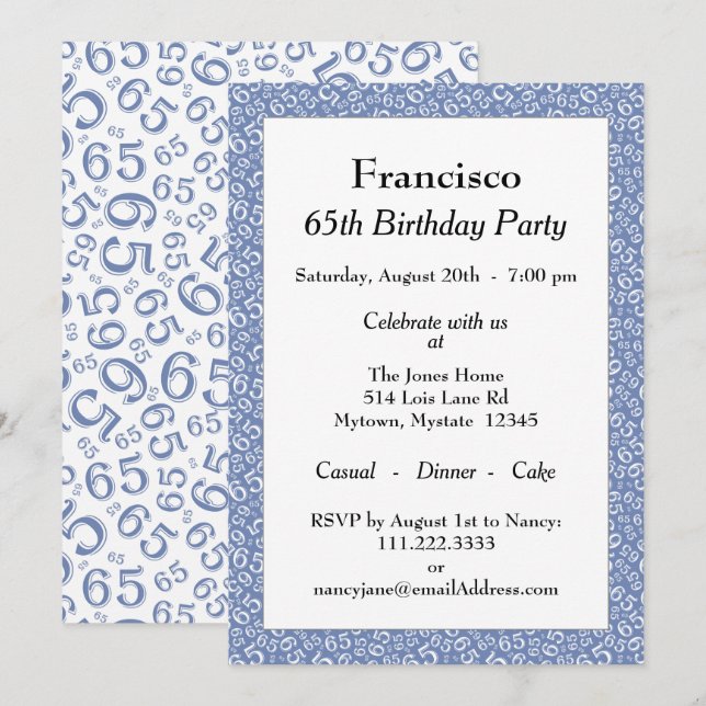 Invitación 65ª fiesta de cumpleaños, patrón de números azul/b (Anverso / Reverso)