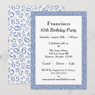 Invitación 65ª fiesta de cumpleaños, patrón de números azul/b