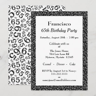 Invitación 65ª fiesta de cumpleaños, patrón de números blanco