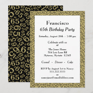 Invitación 65ª fiesta de cumpleaños, patrón de números dorado
