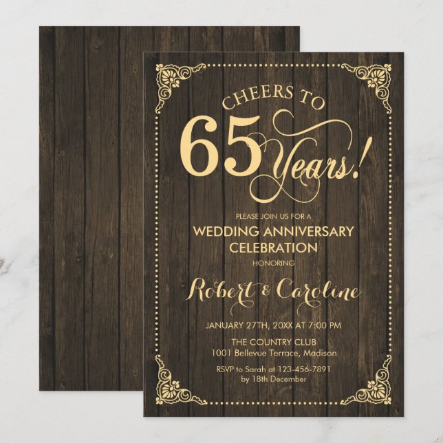 Invitación 65º Aniversario de Boda - Madera Dorada (Anverso / Reverso)