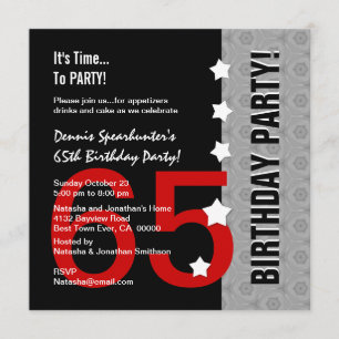 Invitación 65º cumpleaños moderno color plata roja negro Grac