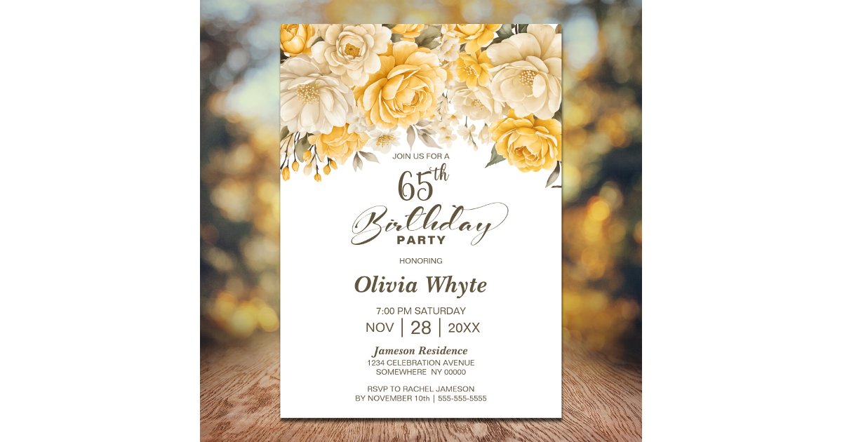 Invitación 65.º cumpleaños Fiesta amarillo de la flor rosa | Zazzle.es