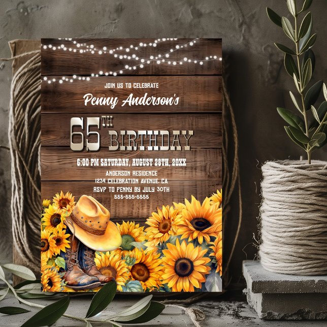 Invitación 65.ª fiesta de cumpleaños Girasol de madera rústic (Subido por el creador)