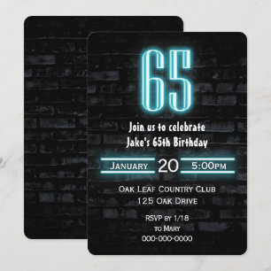 Invitación 65.ª fiesta de cumpleaños Rótulo neón en ladrillo