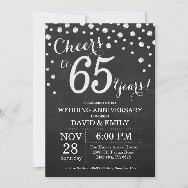 Invitación 65.º Boda Aniversario Chalkboard Plata negra (Anverso)