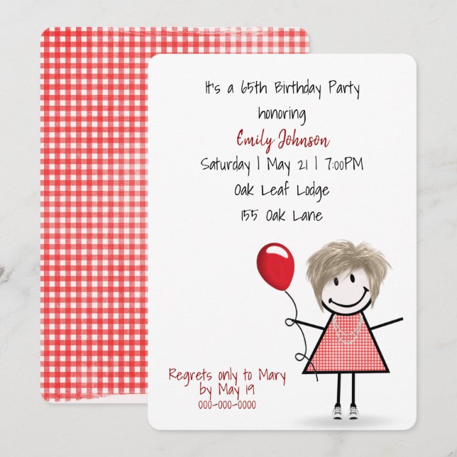 Invitación 65.º Chica de la fiesta de cumpleaños con globo ro (Anverso / Reverso)