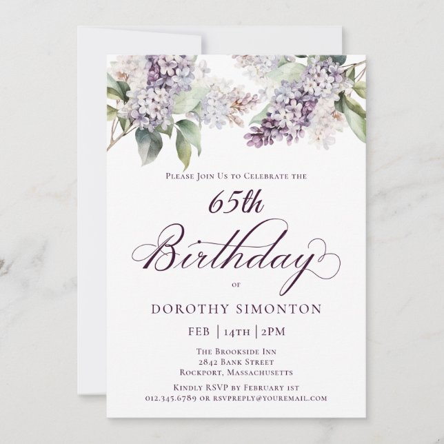 Invitación 65.º cumpleaños Flor Lilac Purple Spring (Anverso)