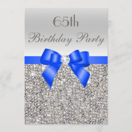 Invitación 65.º cumpleaños Silver Sequin Royal Blue Bow Diamo