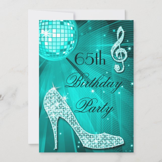 Invitación 65.º cumpleaños Sparkle Heels y Verde azulada Disc (Anverso)