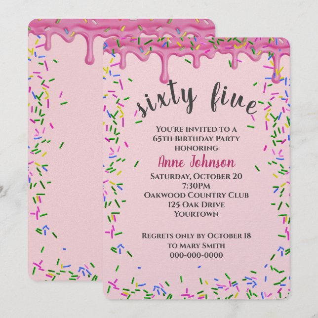 Invitación 65.º Nacimiento Hielo Y Espolvorea Rosa (Anverso / Reverso)