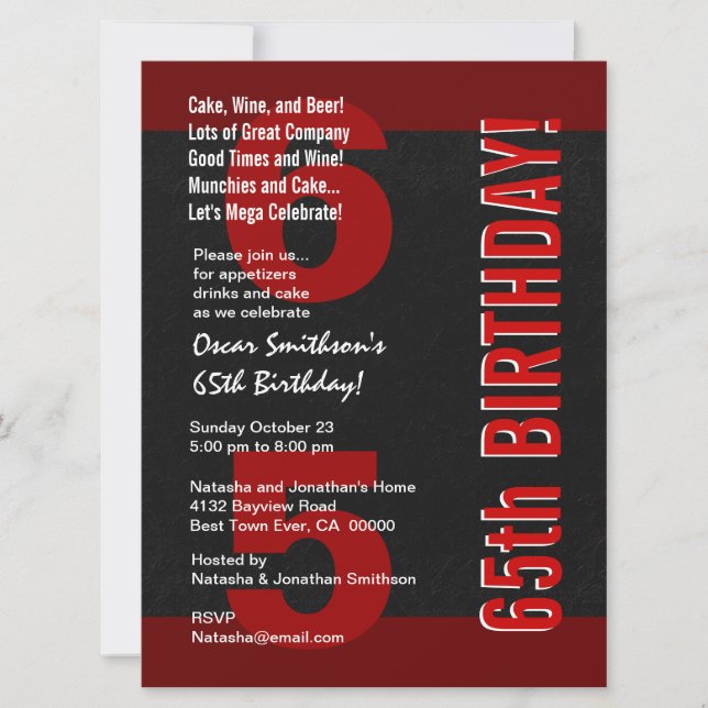 Invitación 65.º natalicio moderno negro rojo F430 (Anverso)