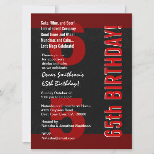 Invitación 65.º natalicio moderno negro rojo F430