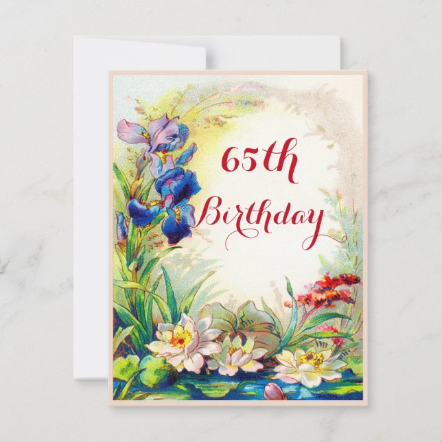 Invitación 65.º natalicio Vintage y flores de iris (Anverso)