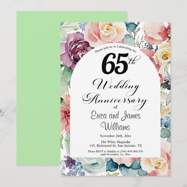 Invitación 65° Aniversario Boda Elegante Script Floral (Anverso / Reverso)