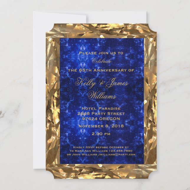 Invitación 65° Aniversario Boda Moda de Zafiro Azul de Oro (Reverso)