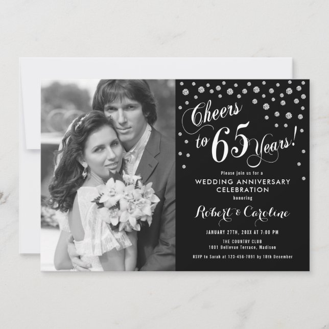 Invitación 65° Aniversario con foto - Negro blanco plateado (Anverso)