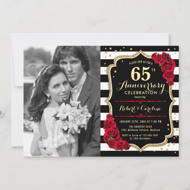 Invitación 65° aniversario con foto - Rojo negro dorado (Anverso)