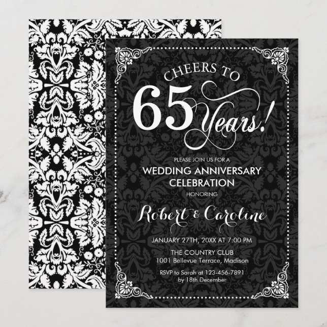 Invitación 65 Aniversario de Boda - Damasco Negro Blanco (Anverso / Reverso)