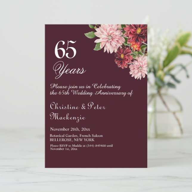 Invitación 65° Aniversario del Boda Blue Sapphire Borgoña (Anverso de pie)