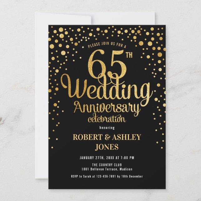 Invitación 65° Aniversario del Boda - Negro y Oro (Anverso)