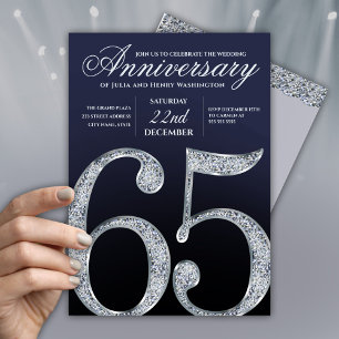 Invitación 65 Aniversario Diamante Plateado Azul Marino Moder
