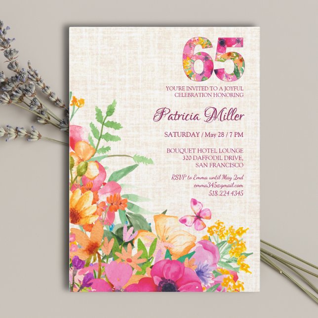 Invitación 65 años Flores Lino Floral 65º cumpleaños (Subido por el creador)