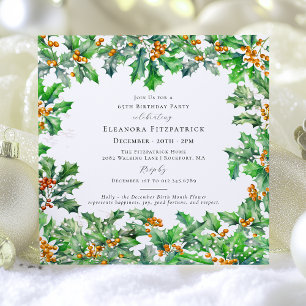 Invitación 65 cumpleaños Diciembre Nacimiento Flower Holly Sq