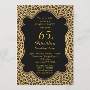Invitación 65,Fiesta de cumpleaños 65,Cheetah, Negro y Oro